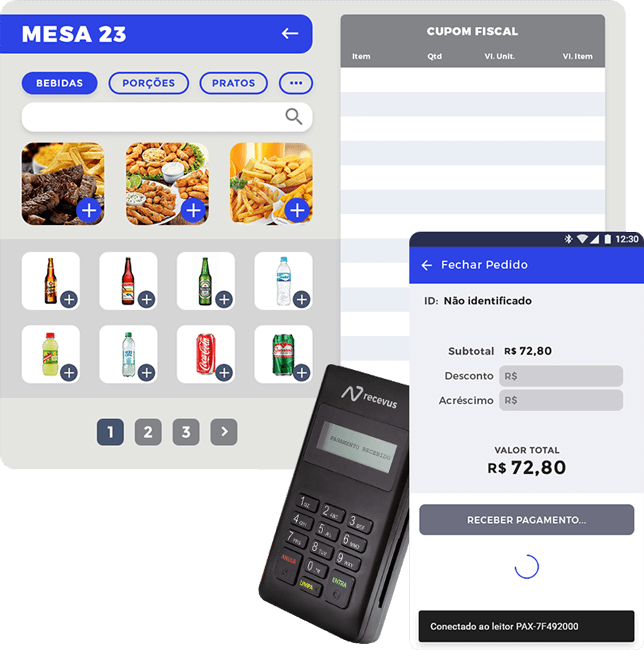 Tela de sistema de Ponto de Venda Android com aplicativo de pagamento no celular pareado com pinpad de pagamento de cartão de crédito